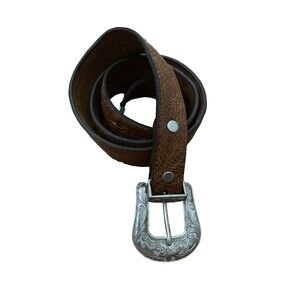 3D Belt Brown Leather Western Brown Womens Size 34 Silver Buckle Adjustable 1123